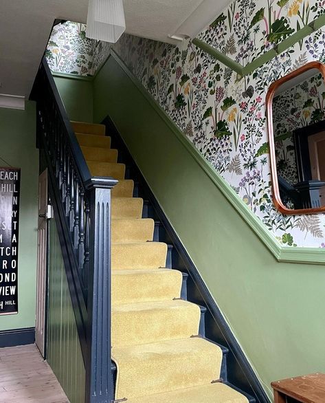 Understairs Panelling, Purple Staircase, 1950s Hallway, Coloured Stairs, Dado Rail Hallway, Stairway Wallpaper, Closed Staircase, Staircase Wallpaper, Victorian Stairs