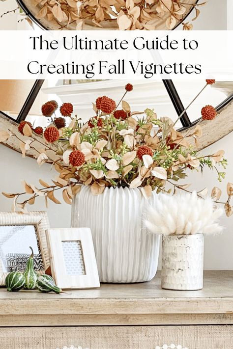 Ideas For Styling Beautiful Fall Vignette For Room In Your Home - StoneGable Small Fall Porch, Chinoiserie Pumpkins, Wreaths Fall, Crafts Fall, Sweet Candles, Fall Vignettes, Home Decor Fall, Autumn Ideas, Pumpkin Fall Decor