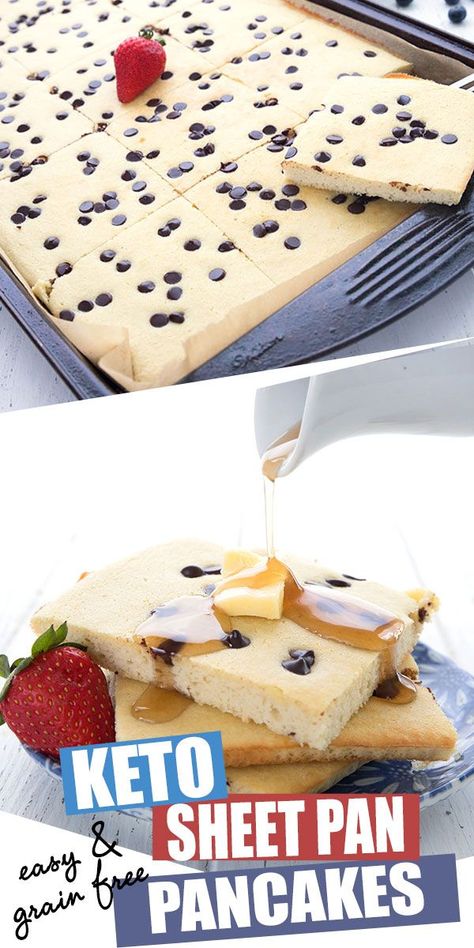 The easiest keto pancakes you will ever make. Baked in a sheet pan so you can make a huge batch all at once. They freeze well and are perfect for making ahead and meal prep. The kids love them with chocolate chips and a little sugar-free pancake syrup. Easy keto breakfast recipes! #ketorecipes #sheetpan #pancakes #sugarfree Keto Sheet Pan, Easy Keto Breakfast Recipes, Sugar Free Pancake Syrup, Sugar Free Nutella, Grain Free Pancakes, Tartiflette Recipe, Sheet Pan Pancakes, Easy Keto Breakfast, Pan Pancakes