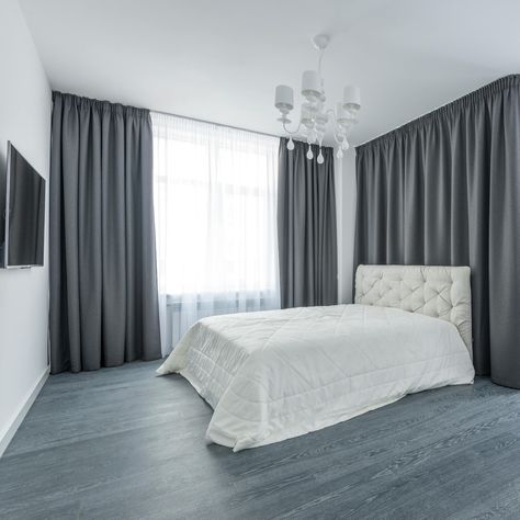 Oc Flooring Pros | Hardwood and Carpet Installers (@ocflooringpros) • Instagram photos and videos Windows In Bedroom, Grey Curtains Bedroom, Curtains Holder, Curtains For Grey Walls, Dark Grey Curtains, Palette Living Room, Studio Apartment Decor, Color Palette Living Room, Black Accent Walls