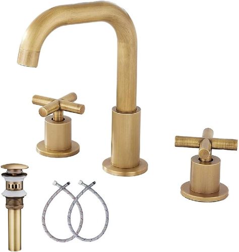 kingzone Widespread Bathroom Faucet with Drain Assembly & Reviews | Wayfair Antique Brass Bathroom Faucet, Brass Bathroom Faucet, Antique Brass Bathroom, Bathroom Mirror Storage, Kohler Purist, Holiday Living Room, Brass Bathroom Faucets, Bathtub Tray, Brass Bathroom