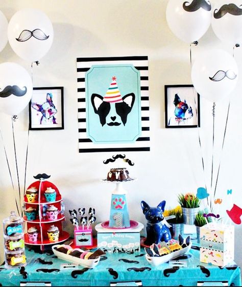 Sweet Table from a Pupstachio Mustache Doggy Birthday Party via Kara's Party Ideas | KarasPartyIdeas.com (5) Doggy Birthday Party, Boston Terrier Birthday, Boston Terrier Cake, Doughnut Cookies, Doggy Birthday, Boston Terrier Funny, Dog Birthday Party, Dog Party, Themed Cupcakes