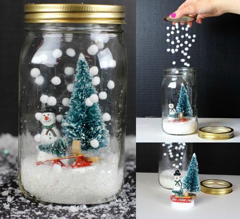 schneekugel basteln kindern diy schraubglas gross anleitung Snow Globe Mason Jar, Mason Jar Christmas Crafts, Juleverksted For Barn, Mason Jar Christmas Gifts, Jul Diy, Kerajinan Diy, Diy Snow Globe, Winter Ornaments, Jar Ideas