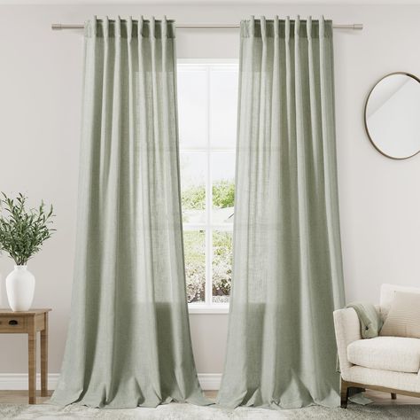 PRICES MAY VARY. READY MADE: 2 Sage Green Linen Curtain Panels per package.Each panel measures 52 inches wide by 90 inches long. Top design of Back tab & loop pocket provide 3 hanging options. <1> hanging from the back patch to create an elegant pleated look, <2> from the 3 inch rod pocket for a classic look <3> Hanging with clip rings for easy, slide open and closed (clip rings are not included) LINEN BLEND FABRIC: Crafted from rich flax linen fabric blended with polyester featuring a neutral l Light Green Curtains, Sage Green Curtains, Sage Living Room, Sage Curtains, Neutral Room Decor, Green Room Decor, Green Windows, Neutral Room, Linen Drapes