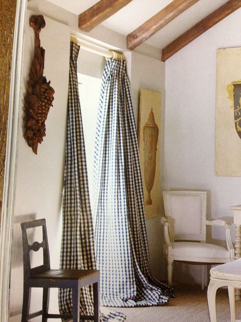 exposed beams & pooling drapes. Alright, probably won't do pooling drapes at the cabin. But so pretty. Checkered Curtains, Gingham Curtains, The Curtains, New Interior Design, Cafe Curtains, Swedish Design, Cottage Living, Scandinavian Interior, Curtains With Blinds