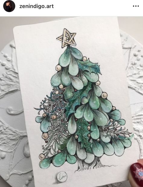 Christmas Zentangle Ideas, Winter Zentangle, Christmas Doodling, Holiday Zentangle, Christmas Zentangle, Zentangle Christmas, Christmas Tree Drawing, Brush Pen Art, Zen Doodle Patterns