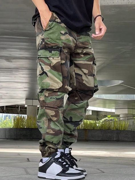 Multicolor Street Collar  Woven Fabric Camo Cargo Pants Embellished Non-Stretch  Men Clothing Camp Pants Outfit Men, Camouflage Pants Outfit Men, Camo Cargo Pants Outfit Men, Camo Pants Outfit Men, Camouflage Pants Outfit, Camo Cargo Pants Outfit, Flap Pocket Cargo Pants, Camo Pants Men, Cargo Pants Outfit Men