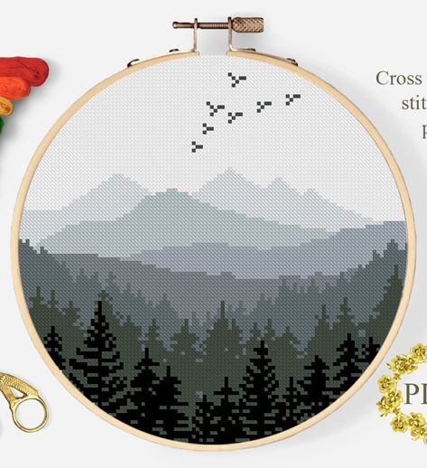 Minimalist Cross Stitch Pattern, Cross Stitch Patterns Mountains, Masculine Cross Stitch, Cross Stitch Landscape Simple, Simple Cross Stitch Designs, Creative Cross Stitch, Nature Cross Stitch Patterns Free, Cross Stitch Landscape Patterns Free, Cross Stitch Landscape Patterns