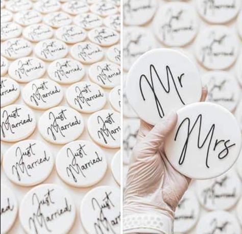 Modern Wedding Cookies, Just Married Cookies, Simple Wedding Sugar Cookies, Elopement Cookies, Black And White Wedding Cookies, Simple Wedding Cookies, White Wedding Cookies, Engagement Party Cookies, Engagement Cookies