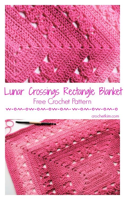 Lunar Crossings Rectangle Blanket Crochet CrochetKim Free Pattern #CrochetKim #supersaver #redheartyarn #redheart #kimguzman #freecrochetpattern #ombre #colorchanging #gradient #lunarcrossings #beautifulcrochetlace #redheartyarns #Crochet Crochet Throw Free Pattern, Crochet In The Round Patterns Blankets, Giant Granny Square Blanket Pattern Free, Ombre Crochet Blanket Pattern Free, C2c Rectangle Crochet Pattern Free, Ombre Afghan Crochet Pattern, Crochet Rectangle Pattern, Crochet Ombre Blanket Pattern, Redheart Free Crochet Patterns