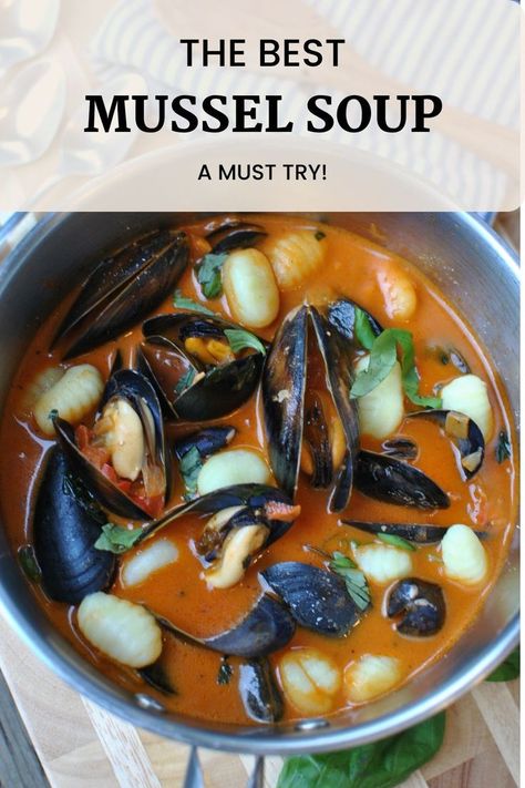 You have to try this easy, mouthwatering Mussel soup recipe. It's my absolute favorite go-to Fresh Mussel recipe to make on a cozy day. It's definitely one of the best and easy seafood recipes! Mussel Chowder Recipe, Mussel Soup, Soup Italian, Gnocchi Dishes, Roasted Red Pepper Sauce, Red Pepper Soup, Mussels Recipe, Seafood Stew, Easy Seafood