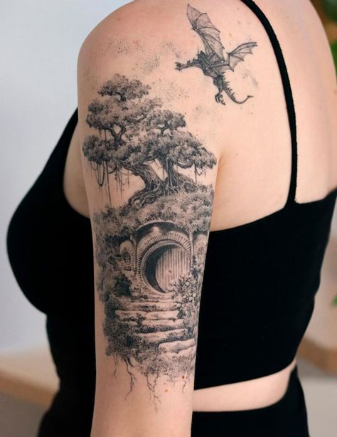 Lord Of The Rings Dragon Drawing, Pippin Took Tattoo, Lotr Leg Tattoo, Lord Of The Rings Leg Sleeve, Smog The Dragon Hobbit Tattoo, Lotr Leg Sleeve Tattoo, Lotr Hobbit Tattoo, Lord Of The Rings Half Sleeve Tattoo, Hobbit Sleeve Tattoo