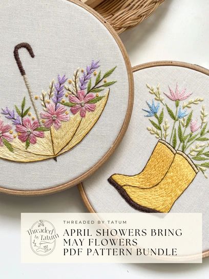 Spring Embroidery Designs, March Embroidery, Long Short Stitch, Yellow Rain Boots, Spring Embroidery, April Showers Bring May Flowers, Painting Skills, Embroidery Lessons, Flowers Embroidery