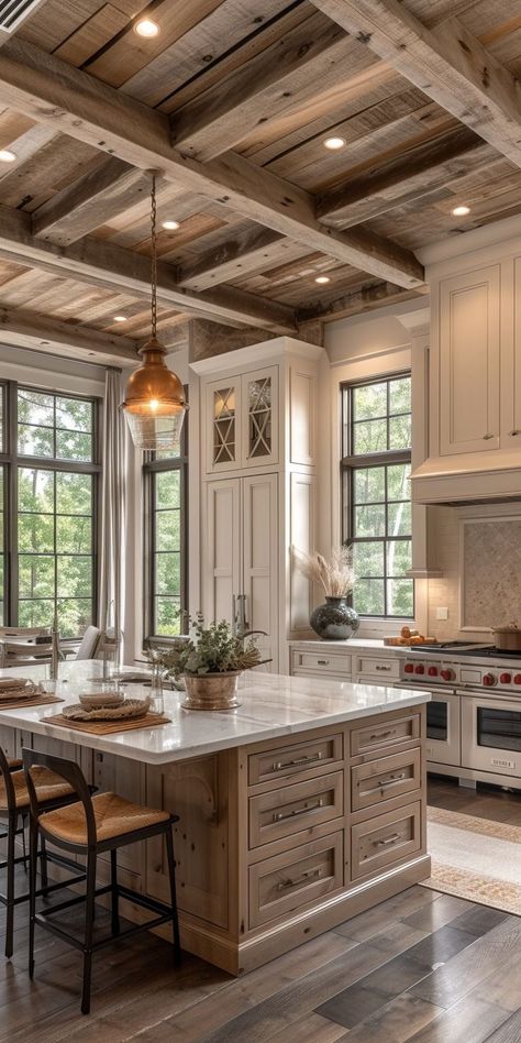 Custom Kitchen Island Farmhouse, Off White Kitchen Cabinets With Black Island, Neutral Tone Kitchen Cabinets, Rustic Kitchen With Beams, Windows Kitchen, Modern Kitchen With Island Ideas, Large Farmhouse Kitchen, Dual Island Kitchen, Rustic Island Kitchen