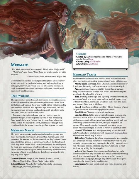 Mermaid Mermaid Dnd 5e, Mermaid World Building, D&d Homebrew Races, Dnd Mermaid, Dnd Races Character Design, Homebrew Races, 5e Races, Dungeons And Dragons Races, D D Races