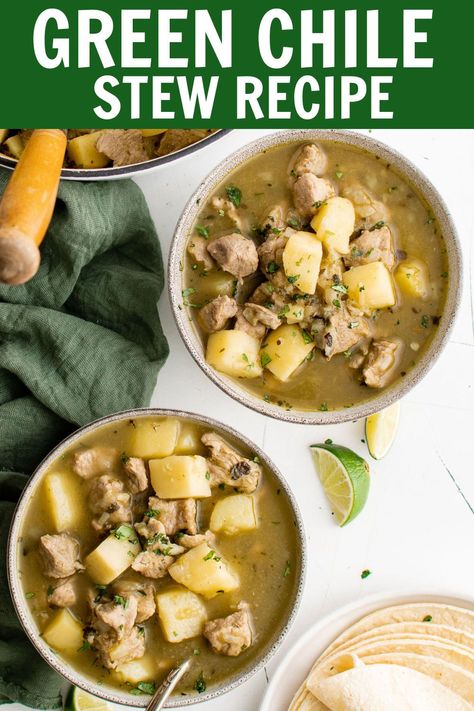 This Green Chile Stew Recipe is full of tender chunks of pork, potatoes, and a smoky broth made from freshly roasted green chiles. It's brimming with flavor and is the perfect way to highlight Hatch chiles when they are in season. A bowl of this southwestern style stew is warm and comforting, with a bit of smoky heat. Chili Stew Recipe, Pork Potatoes, Green Chili Stew, Chili Stew, Green Chile Stew, Hatch Chiles, Green Chiles, Stewed Potatoes, Green Chili