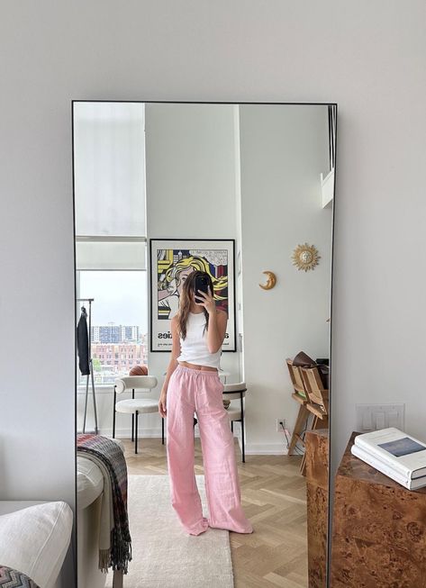 my new favourite summer linen pants from Uncle Studios - they come in pink & white Pink Pants And White Shirt Outfit, Pink Cotton Pants Outfit, Pinstripe Linen Pants, Summer Outfit Inspo Colorful, Pink Pants Summer Outfit, Pink Linen Trousers Outfit, Striped Linen Trousers, Light Pink And White Outfit, Pink Striped Pants