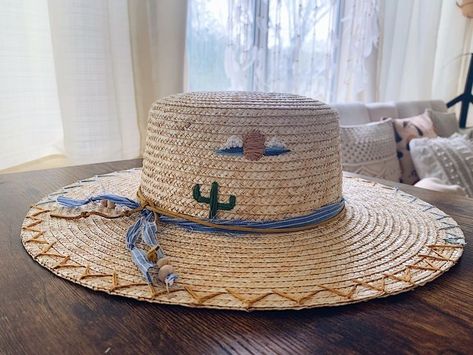 Embroidered Straw Hat, Straw Boater Hat, Western Embroidery, Straw Boater, Hat Bands, Flat Brim Hat, Rancher Hat, Desert Sky, Boater Hat