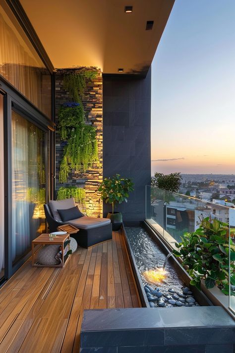 Modern small balcony ideas: A cozy lounge chair and lush plant walls next to a chic fire-water feature, capturing tranquility and style. Terrace Decorating Ideas, Minimal Balcony Ideas, Small Balcony Interior Design, Best Balcony Designs, Balcony Outdoor Ideas, Balcony Ideas Condo, Small Balcony Inspiration, Outside Balcony Ideas, Small Modern Balcony