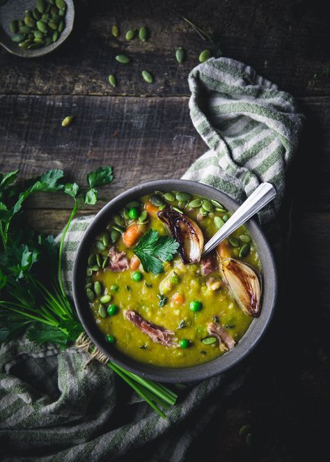 Split Pea Soup with Smoked Ham Hock | Adventures in Cooking Healthy Homesteader, Homesteader Recipes, Split Pea And Ham Soup, Avgolemono Soup, Fresh Peas, Ham Hock, Toasted Pumpkin Seeds, Split Pea Soup, Sugar Shack