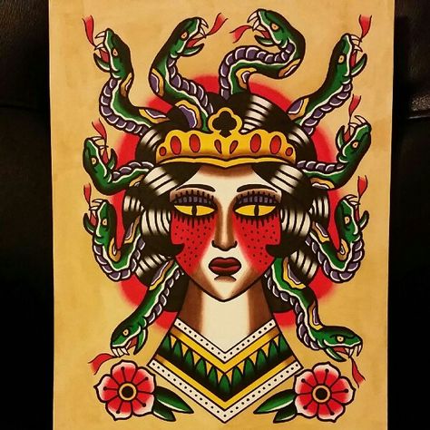 Traditional Medusa painting Medusa Painting, Traditional Back Tattoo, Serial Art, Traditional Tattoo Drawings, Traditional Tattoo Old School, Tarot Tattoo, Tatoo Inspiration, Tattoo Old School, Geometric Tattoo Arm