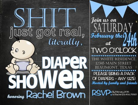 'SHIT JUST GOT REAL' BABY BOY SHOWER INVITATION https://www.facebook.com/pages/Kayla-Marcus-Designs/1511909699029729 Baby Boy Diaper Shower Ideas, Dudes And Diapers Party, Diaper Shower Ideas, Funny Baby Shower Invites, Diaper Party Invitations Zazzle, Mens Nappy Party Invite, Dad Jokes Baby Shower Game Free, Diaper Shower Invitations, Baby Shower Game Prizes