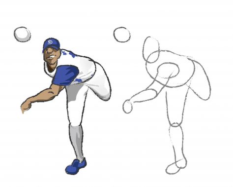 A printable learn to draw page featuring a baseball pitcher during a throw, has… Throw Reference Drawing, Pitcher Baseball Pose, Baseball Throwing Pose Reference, Baseball Pitcher Drawing, Baseball Throw Pose, Throwing A Ball Reference, Throwing Something Drawing, Throwing Pose Drawing, Throwing Drawing Reference