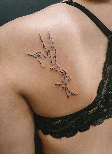 Unique Fine Line Hummingbird Tattoo For The Back Tattoo For The Back, Fine Line Hummingbird, Fine Line Hummingbird Tattoo, Line Hummingbird, Kingfisher Tattoo, Hummingbird Tattoos, Small Hummingbird Tattoo, Fine Line Tattoo Ideas, Line Tattoo Ideas