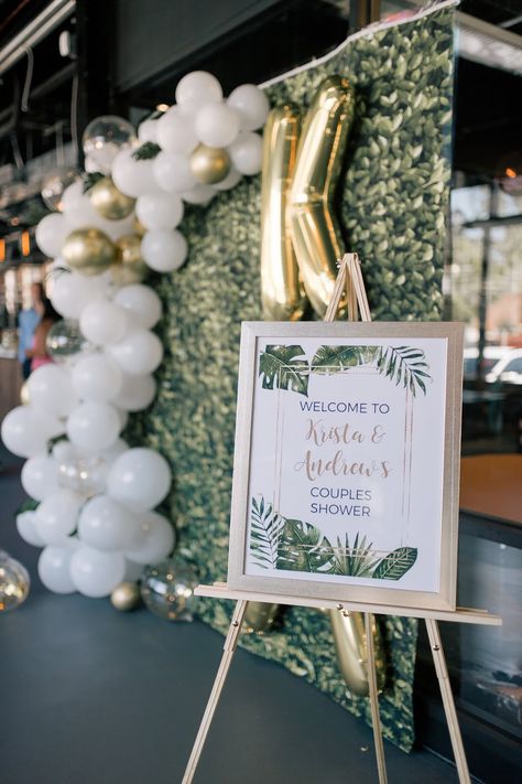 Tropical Bridal Shower Backdrop, Couple Shower Backdrop, Beach Theme Couples Shower Party Ideas, Tropical Couples Shower Ideas, Couples Shower Backdrop, Tropical Wedding Shower Ideas, Groom Shower Ideas Decorations, Couple Shower Decorations, Couple Shower Ideas