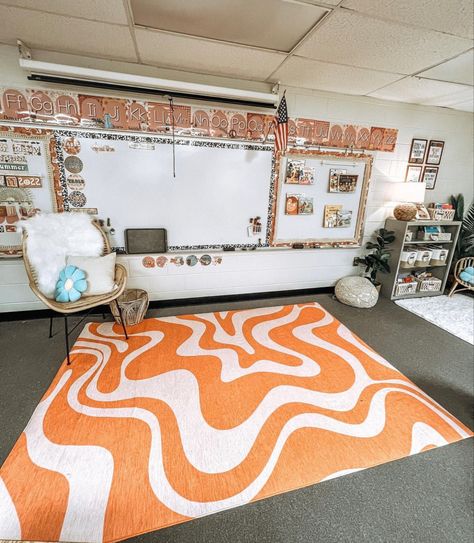 Trendy Classroom Ideas, Relaxing Elementary Classroom, Vibrant Classroom Decor, Classroom Door Ideas Boho, Classroom Decor Groovy, Boho Classroom Decor Ideas Elementary, Sunset Classroom Theme, Pink And Orange Classroom Decor, Orange And Pink Classroom