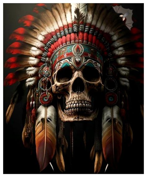 Skull Chief Tattoo, Indian Chief Tattoo, Indian Skull Tattoos, Headdress Tattoo, American Indian Artwork, Native American Tattoo, Native American Tattoos, Indian Skull, Native American Headdress