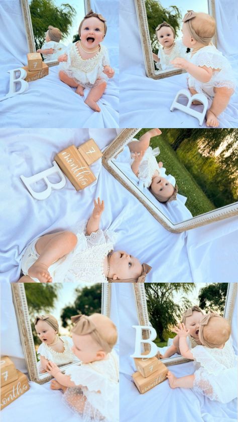 Photoshoot With Mirror, Milestone Photoshoot, Baby Mirror, Baby Milestones Pictures, Baby Milestone Photos, First Birthday Pictures, Baby Pictures Newborn, Baby Poses, Foto Baby