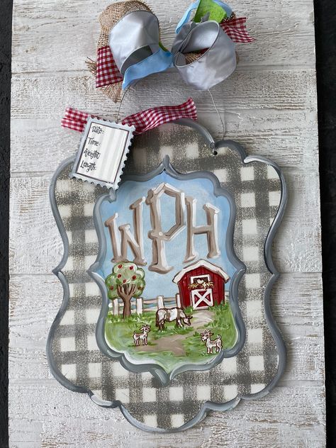 This door hanger is an original Artist Tree design created to give an adorable farm house look to any door of your barn, home, or baby nursery/hospital door. This hanger can be personalized with a single last name initial, family name, 3 letter monogram, or baby's name. It is VERY important to include all details and info in the order (not in addition messages) for our team to better serve you! There is no such thing as too many details! 😜 1.Choose background color. 2. Choose 2 farm animals.  3 Sports Hospital Door Hanger, Country Hospital Door Hanger, Baby Boy Door Hangers, Hospital Decor, Letter Door Hangers, Country Nursery, Hospital Door Hanger, 3 Letter Monogram, Hospital Door Hangers