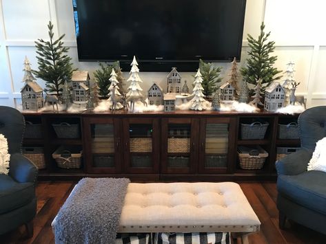 Winter wonderland tv cabinet Tv Cabinet Christmas Decorations, Cabinet Christmas Decorations, Cabinet Under Tv, Snow Lights, Christmas Decor Idea, Under Tv, Snow Light, Tv Console, Organizing Ideas