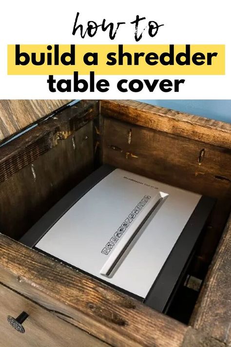 DIY home office decor idea to hide a shredder. DIY side table for your small home office. Budget friendly home office shredder end table DIY idea. How To Hide Paper Shredder, Hide Shredder, Hide Paper Shredder, Home Office Budget, Diy Home Office Decor, End Table Diy, Diy End Table, Home Office Diy, Diy Home Office