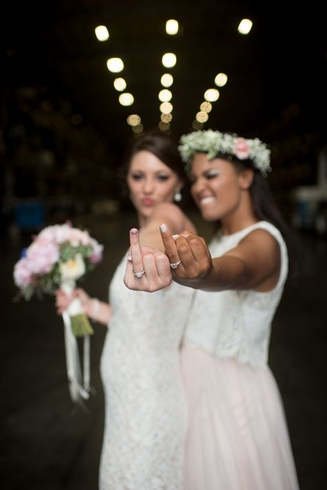 Funny wedding photo idea - brides show of their new rings {Cynthia Rose Photography} Lesbian Wedding Photography, Wlw Wedding, 2 Brides, Lesbian Weddings, Magazine Spread, Queer Weddings, Lgbt Wedding, Two Brides, Lgbtq Wedding