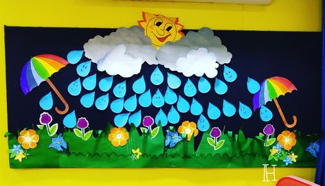 Monsoon themed board decor Rainy Season Theme Decoration, Monsoon Decoration Ideas, Rainy Day Decoration Ideas, Rainy Season Chart For Preschool, Monsoon Board Decoration Ideas, Rainy Day Celebration In Preschool, Monsoon Theme Decoration, Monsoon Bulletin Board Ideas, Rainy Day Decoration In Preschool