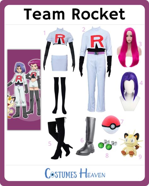 Keep the Pokémon theme going with the Team Rocket costume this Halloween. You are ready to assemble a notorious thieving team with this couple costume. #teamrocket #Pokemon #cosplay #halloweencostume #costumesheaven Pokemon Team Rocket Costume, Diy Team Rocket Costume, Team Rocket Couple Costume, Pokemon Couple Costume, Costume Ideas Cosplay, Team Rocket Costume, Costume Ideas 2023, Team Rocket Cosplay, Rocket Costume