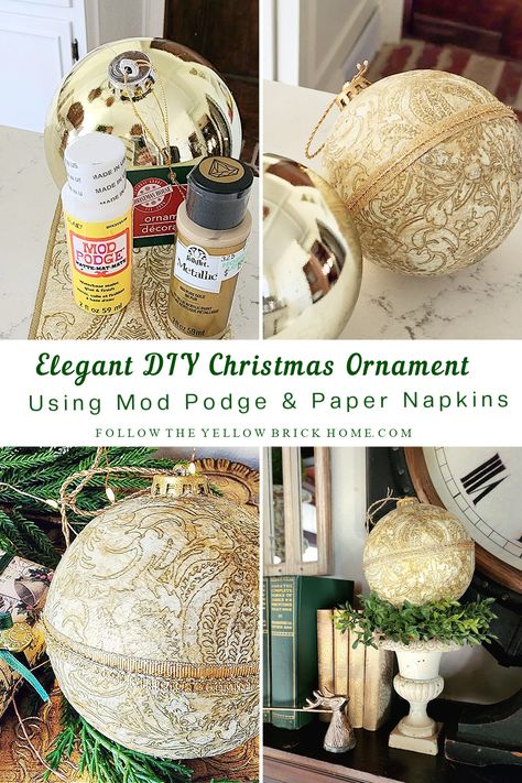 Follow The Yellow Brick Home - Elegant DIY Christmas Ornaments Using Mod Podge and Paper Napkins – Follow The Yellow Brick Home Diy Decoupage Christmas Ornaments, Diy Chinoiserie, Chinoiserie Ornaments, Diy Christmas Ball, Yellow Brick Home, Diy Christmas Ornament, Diy Christmas Tree Ornaments, Brick Home, Fabric Christmas Ornaments