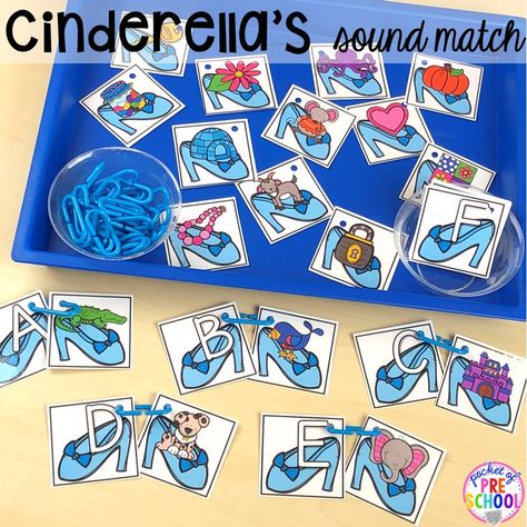 Cinderella's slipper beginning sound match! Favorite Fairy Tales activities for every center plus a shape crown freebie all designed for preschool, pre-k, and kindergarten #fairytalestheme #preschool #prek #kindergarten Disney Preschool Activities Learning, Disney Kindergarten Activities, Disney Stem Activities, Fairy Tales Activities, Fairy Tale Math, Storybook Stem, Fairy Tales Preschool Activities, Montessori Mom, Fairy Tale Stem