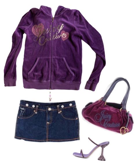 Purple Y2k Clothes, Purple 2000s Outfit, 2000s Purple Aesthetic, Purple Y2k Outfit, Purple Mcbling, Mcbling Outfits, 2000s Fashion Inspiration, Juicy Couture Clothes, Summer 2000s