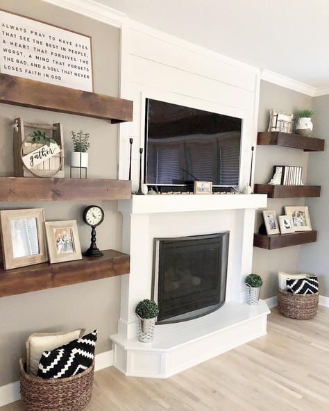 Small Fireplace Wall With Tv, Fire Places Ideas Living Room Cozy, Open Shelving By Fireplace, Cabinets Next To Fireplace Free Standing, Fireplace Shelves Decor, Decor Next To Tv On Wall, Wall Decor Next To Fireplace, Fireplace Flat Wall, Shelves In Living Room Wall Shelves