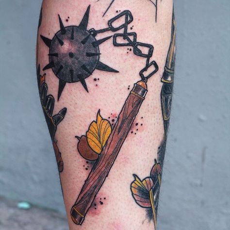 Neo-traditional spiked mace tattoo on the calf Spike Ball Tattoo, Ball And Chain Tattoo, Mace Tattoo, Flail Tattoo, Traditional Tattoo Animals, Tattoos Leg, Spike Ball, Random Tattoos, Neo Tattoo