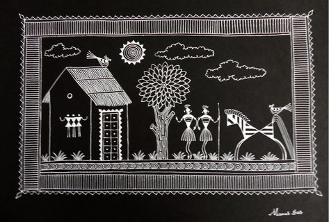 The Saura Art produced by Manas Das is almost like a form of documentation and presents a vivid glimpse into the lives of the tribal communities. We can learn more about the harmonious coexistence of the regional people with their natural surroundings through these stunning artworks. This remarkable work by the artist hailing from the native region shows simple human activities while they rejoicing the environs of their habitat. The monochrome images enhance the artwork to a great extend. Verli Art, Saura Painting, Saura Art, Saturated Art, Paintings Simple, Bird Silhouette Art, Warli Painting, Bird Painting Acrylic, Folk Art Paintings