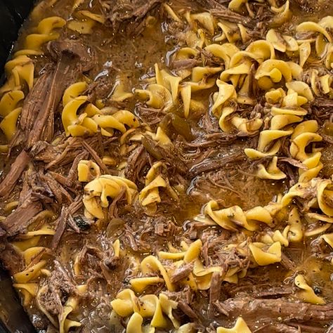 Crockpot, One Pot Tender Beef Roast and Noodles with Garlic & Sage Roast And Noodles, Roast With Noodles, Beef Bottom Round Roast, Tender Beef Roast, Bottom Round Roast, Arm Roast, One Pot Recipes, Brown Gravy Mix, Beef Roast