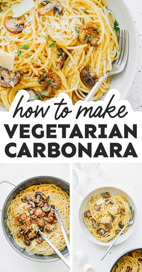 Vegetarian Spaghetti Recipe, Italian Pasta Vegetarian, Veggie Carbonara Pasta, Carbonara Recipe Vegetarian, Pasta Dishes Recipes Vegetarian, Vegitaren Pasta Recipes Dinner, Pasta Carbonara Vegetarian, Italian Dinner Recipes Vegetarian, Linguine Recipes Vegetarian