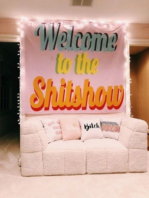 Colorful Slogan Graphic Tapestry Check out this Colorful Slogan Graphic Tapestry on Shein and explore more to meet your fashion needs! College Apartment Diy, Apartment Decoration Ideas, Welcome To The Shitshow, Diy College, Hangout Room, Blanket On Wall, College House, College Diy, Apartment Decoration