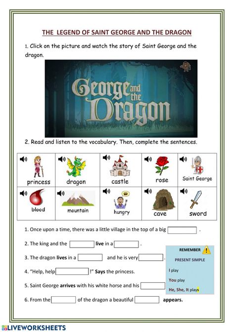 The legend of Saint George - Interactive worksheet Legends For Kids, Saint George And The Dragon, Biology Projects, Legend Stories, Kindergarden Activities, Saint George's, Story Activities, English Worksheets For Kids, English As A Second Language