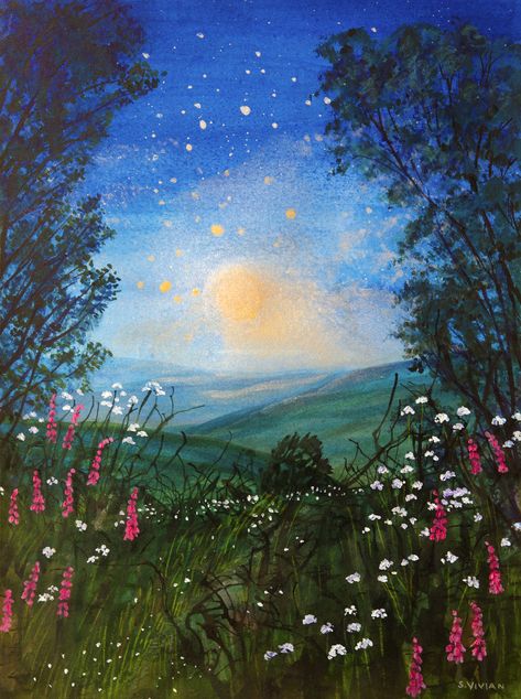 Summer Night Illustration, Fairytale Landscape Painting, Summer Night Painting, Watercolor Artwork Inspiration, Cornwall Aesthetic, Night Landscape Painting, Whimsical Landscape, Magick Art, Landscape Painting Tutorial