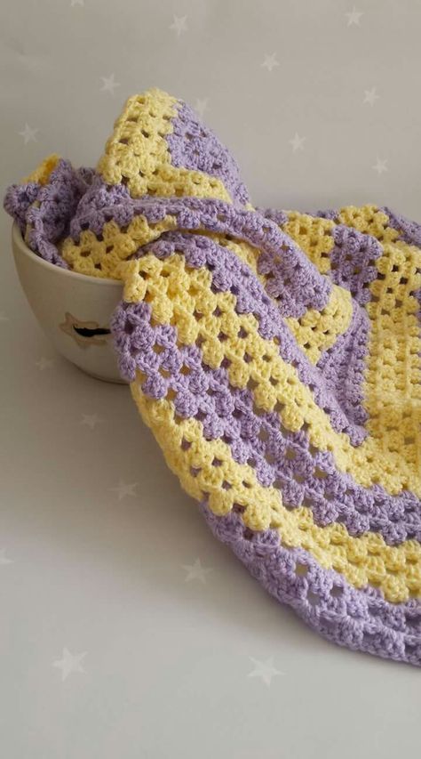 Cottage Core Yellow, Tangled Crochet, Lilac And Yellow, Granny Square Baby Blanket, Purple Blanket, Yellow Crochet, Crochet Lessons, Granny Square Blanket, Lilac Color